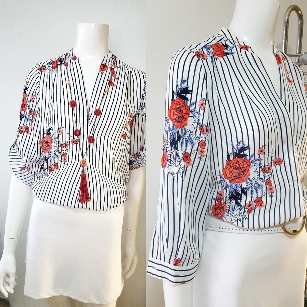 Mandee Vintage Floral Striped 3/4 Sleeve Chiffon Top - Picture 2 of 12